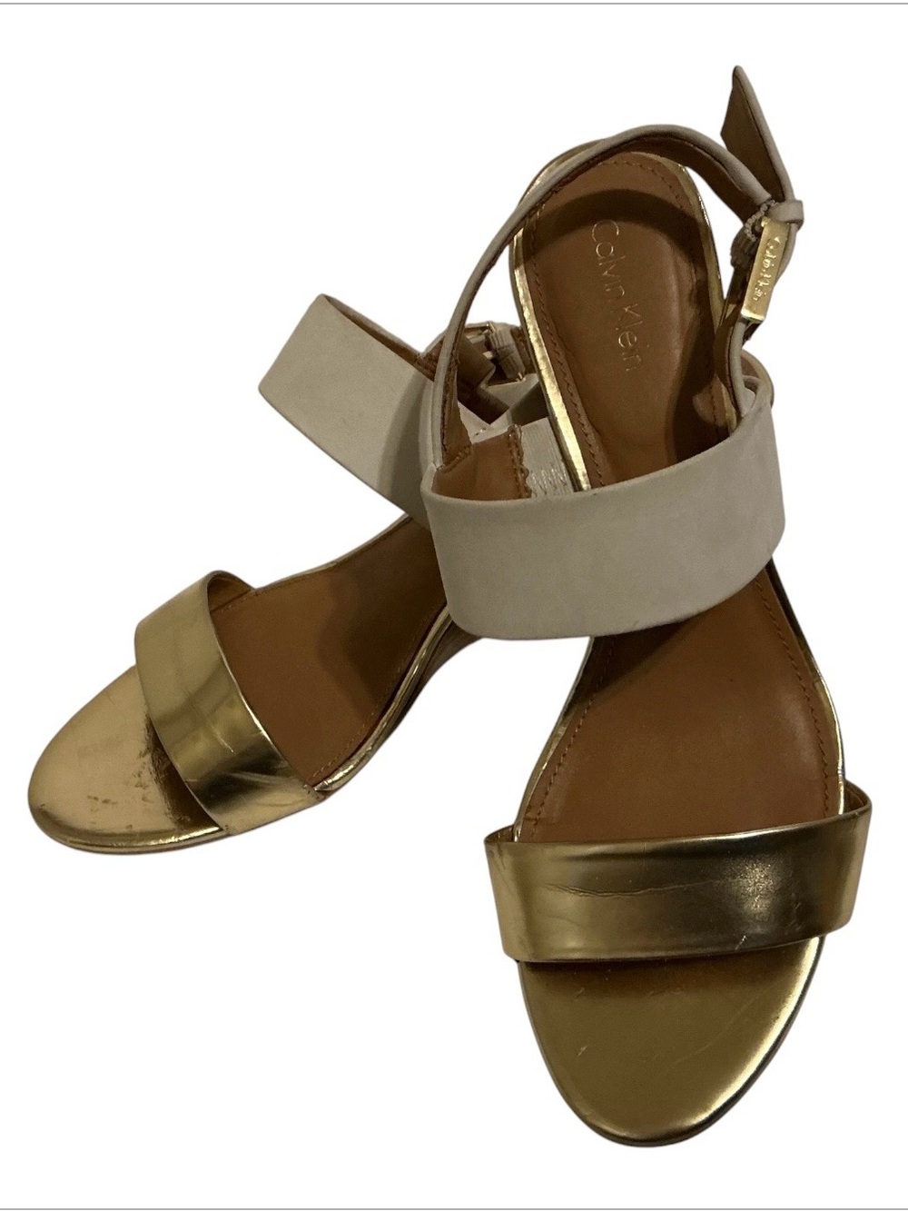 Calvin Klein Jae Womens 8 Gold Ivory Colorblock Wedge Sandals Ankle Strap